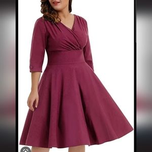 Burgundy Red Hanna Nikole Women's Vintage 1950s Style Sleeved 1x Swing Dress